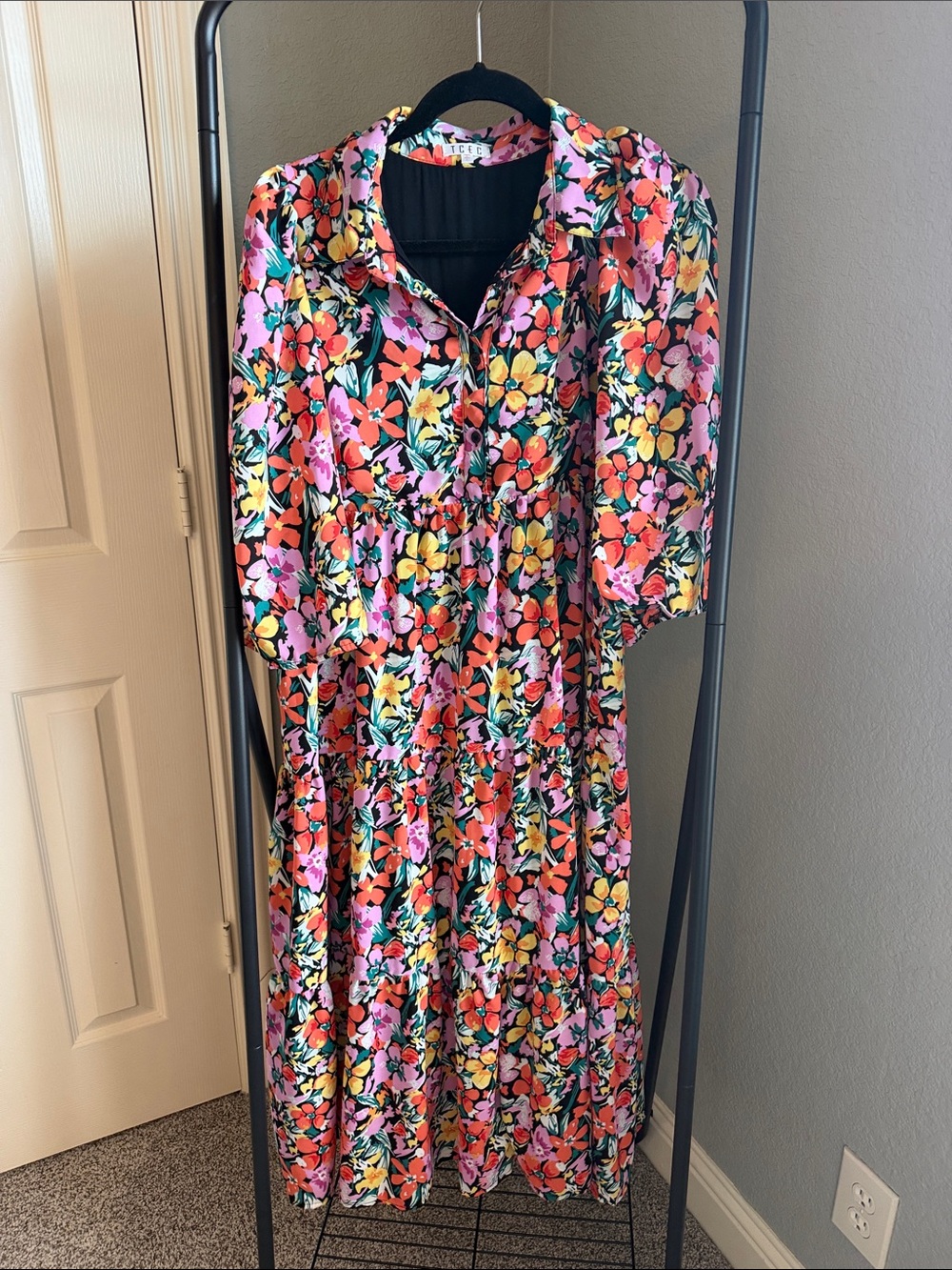 TCEC Pink Multi Floral Button-Front Tiered Maxi Dress